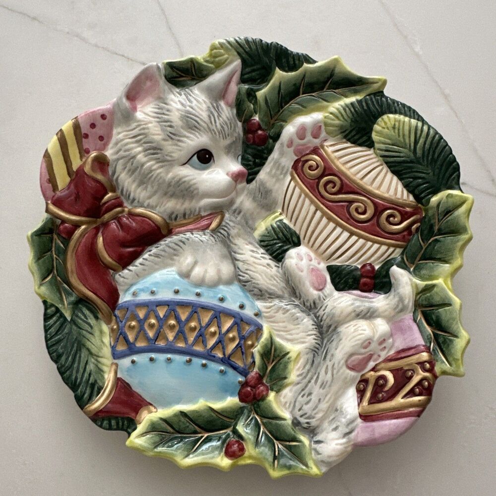 Fitz and Floyd “Kristmas Kitty”Decorative Christmas Plate Cat with Ornaments